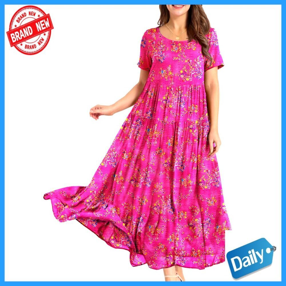 Loose Bohemian Maxi Dress with Pockets, Short Sleeve, Summer Swing